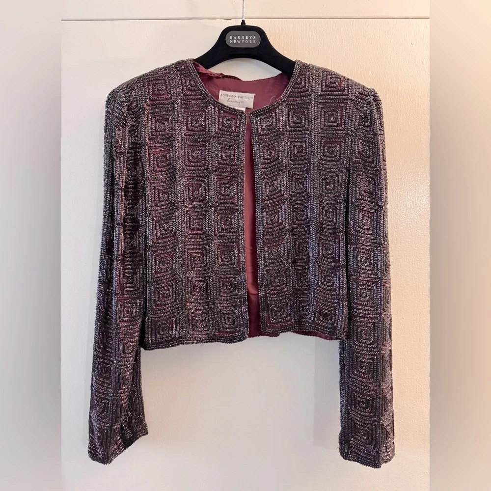 Adrianna PAPELL BOUTIQUE EVENING BEADED & SILK STUNNING JACKET Burgundy Small